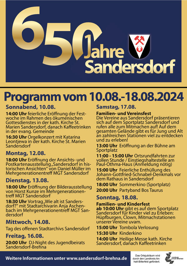 Programm zu 650+1 Jahren Sandersdorf