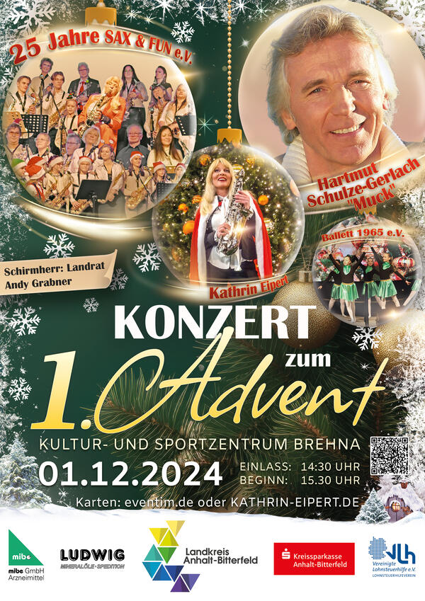 Silbernes Jubiläums-Konzert zum 1. Advent mit Sax und fun e.V., Kathrin Eipert und Stargast Hartmut Schulze-Gerlach Muck